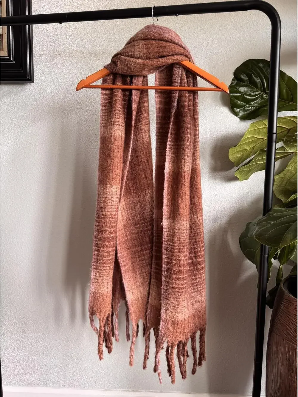 Steve Madden Brown Pink Plaid Fringe Scarf Soft Fuzzy Winter Wrap One Size